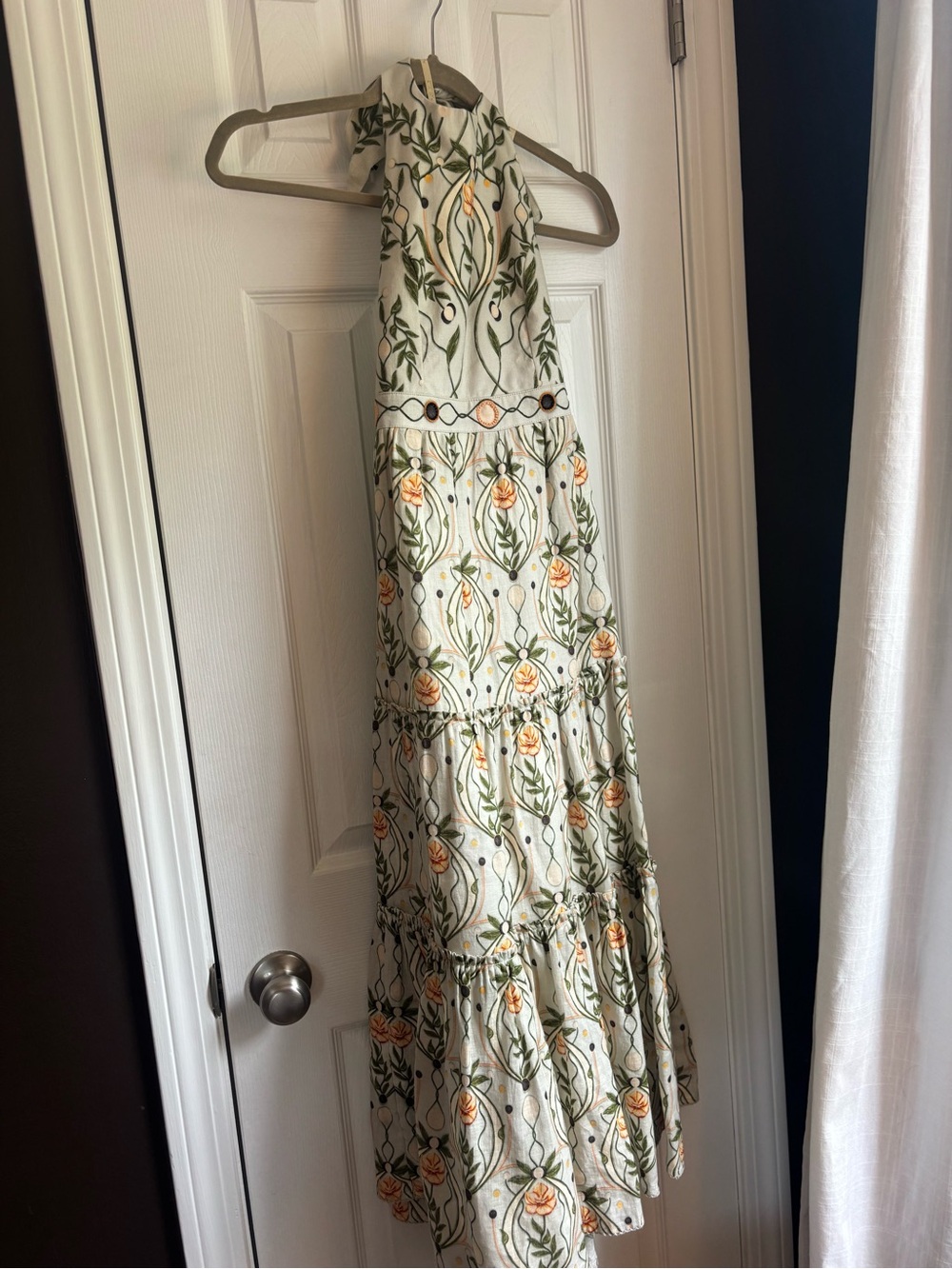 Agua Bendita Embroidered Halter Midi Dress in Cream, Green and Peach - Picture 11 of 13